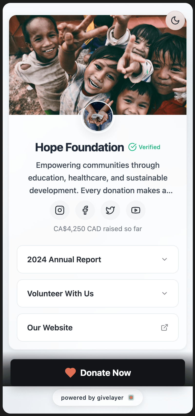 A Givelayer giving profile on a phone: cover photo, charity name with a verified badge, mission statement, amount raised, custom links, and a donate button.