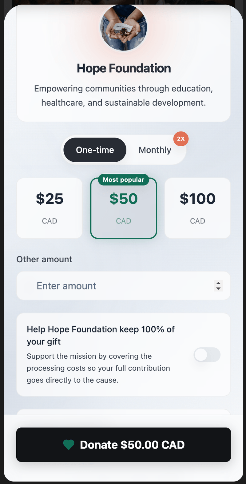 The Givelayer payment screen on a phone, where a donor chooses an amount and confirms their gift.