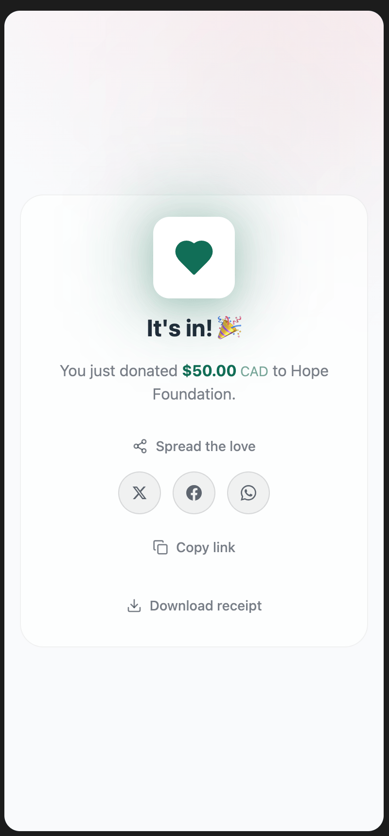 The Givelayer confirmation screen after a donation, with sharing options and a download-receipt link.
